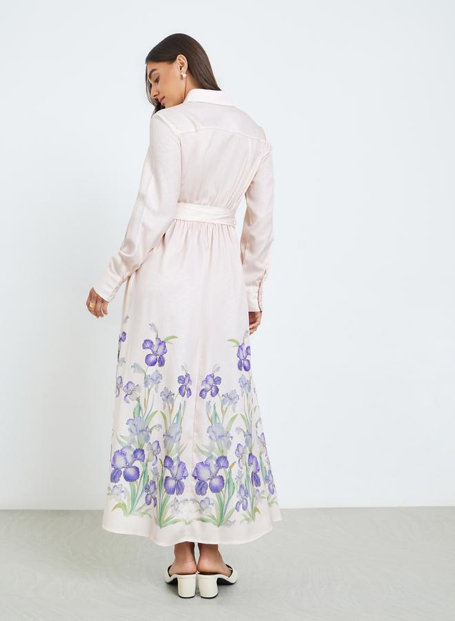 Styli Women Peach Floral Print Long Sleeve A-Line Maxi Dress - Image 4